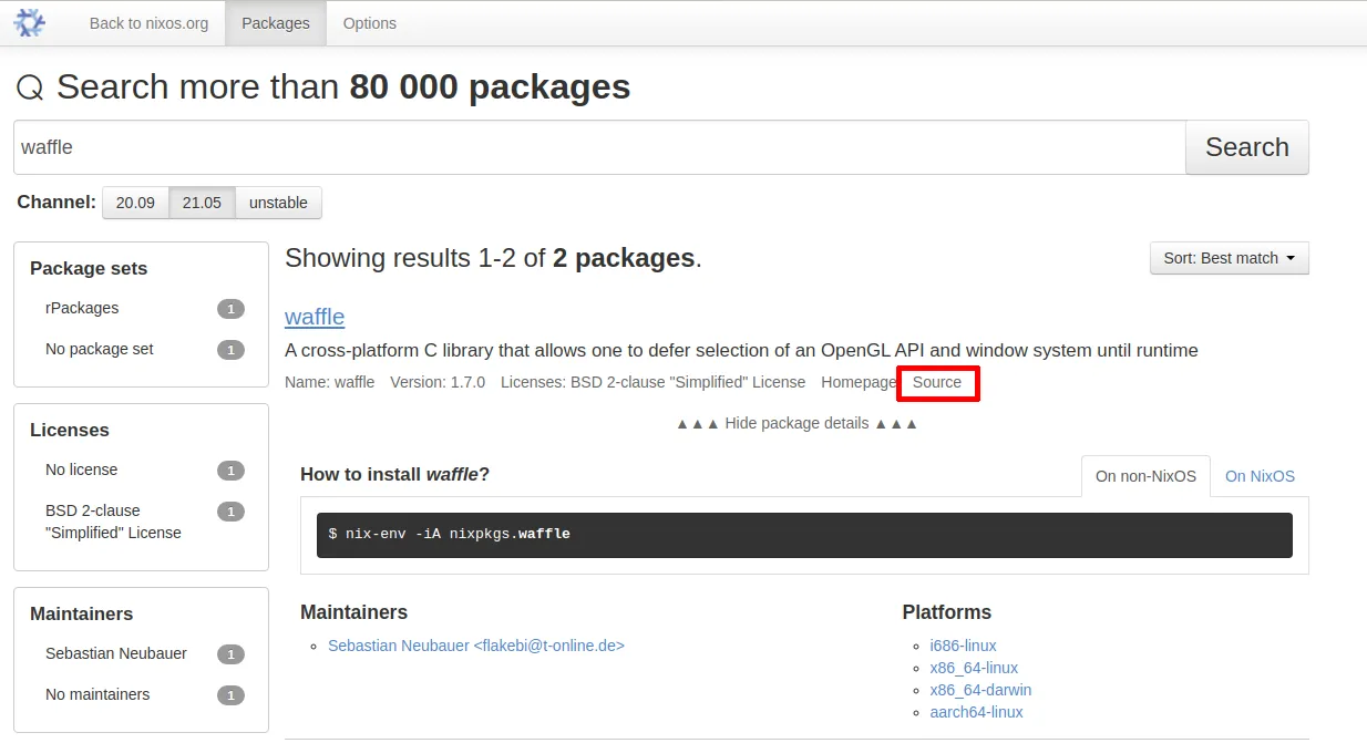 Result of 'waffle' in search.nixos.org with the source link highlighted